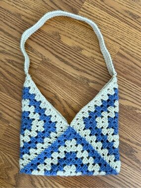 Handmade Crochet Blue & Cream Shoulder Bag, Granny Square Bag